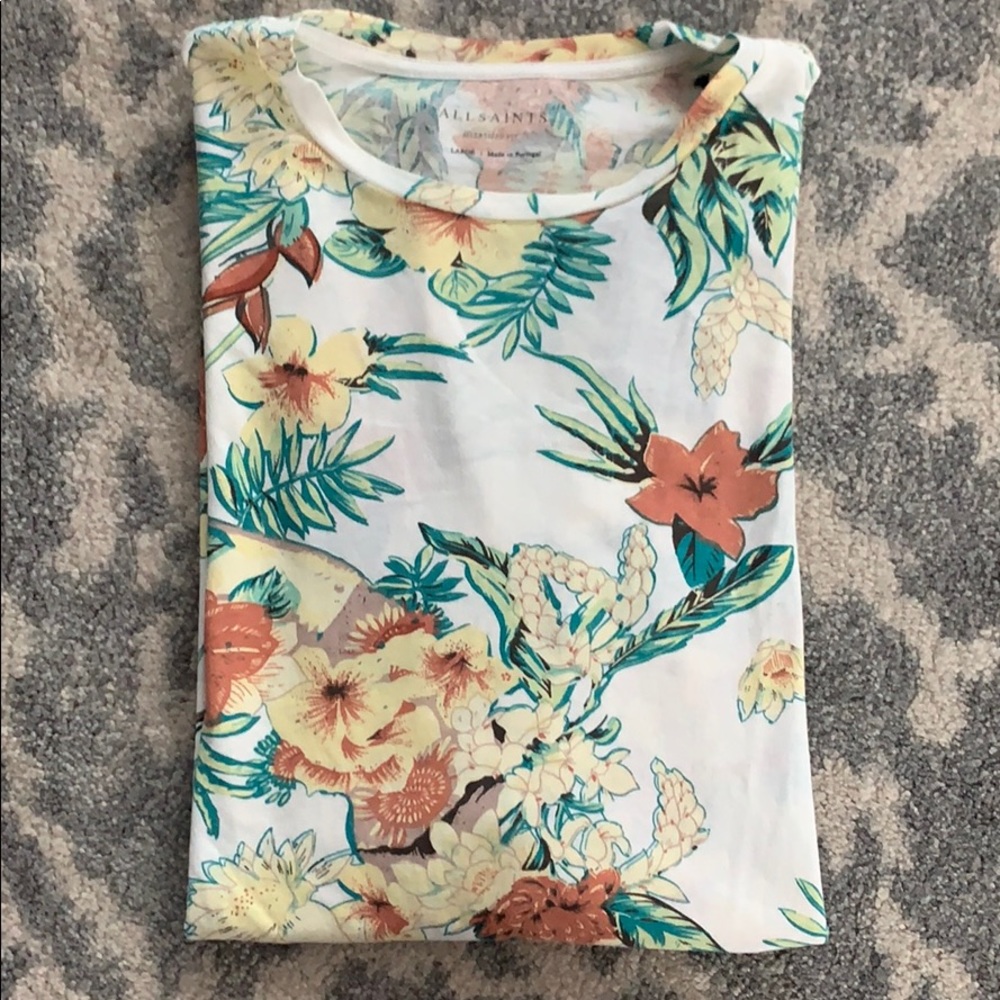 NWT AllSaints Floral Calypso SS Crew White Shirt L
